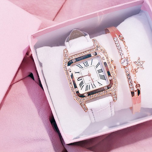 Reloj De Pulsera De Cuero Con Esfera Cuadrada Estrellada De Diamante Para  Mujer | eBay