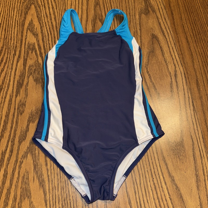 Speedo Girls Size 12 One Piece Swimsuit, Navy Blue, Bright Blue, White