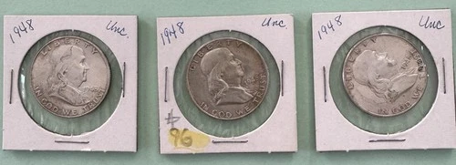 1948 Franklin Half Dollar Uncirculated Silver Lot of 3 Coins