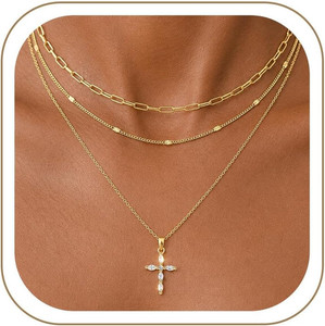 Authentic 3Pcs 14K Gold Plated Cross Necklace, Layered Necklace