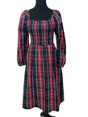 Draper James RSVP S Tartan Plaid Square Neck Long Sleeve Smocked Holiday Dress