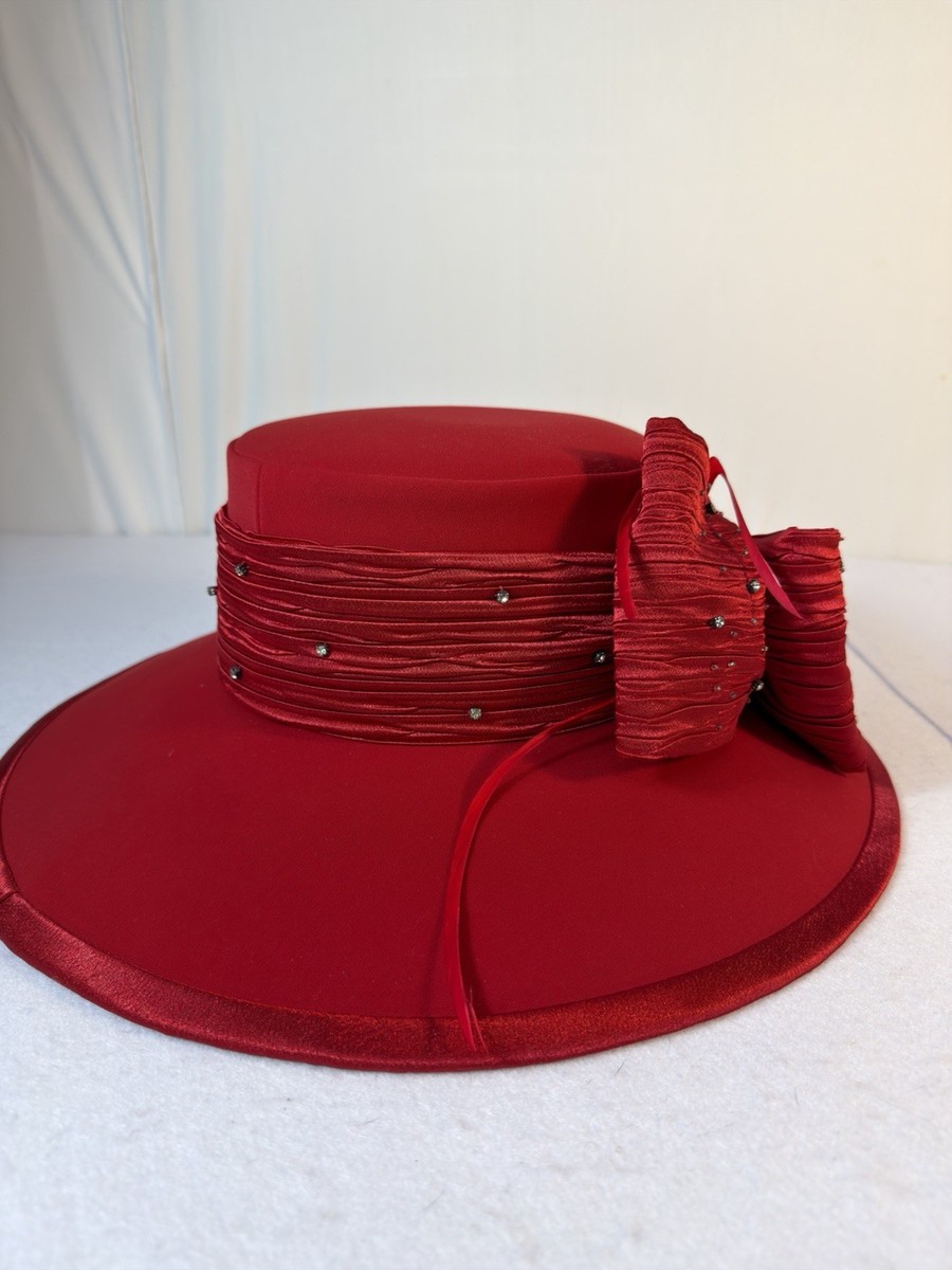 Ben Marc Hat Womens Kentucky Derby Church Red Satin Rhinestone Wide Brim Kentucky Derby Red Wide Brim Hat Rhinestone Bow Church  main image 3