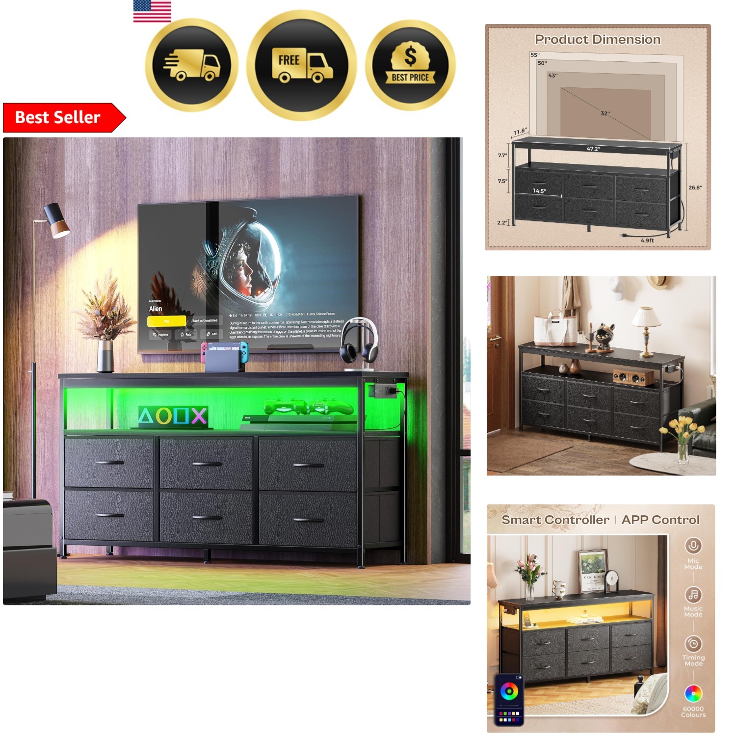 Dresser For Bedroom With Storage And Lights &mdash; Fits 43 47 5