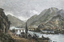 BELLINZONA - "St. Gotthard-Eisenbahn" - kolorierter Holzstich um 1890
