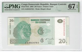 Congo 20 Francs 2003 P 94A PMG 67 EPQ