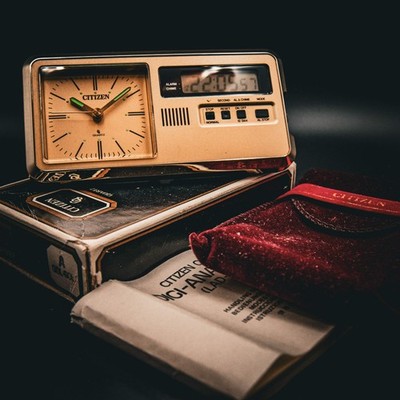 Vintage Citizen ''Digi-Ana'' Travel Alarm Clock - Gold Tone - 1980s Hybrid Display