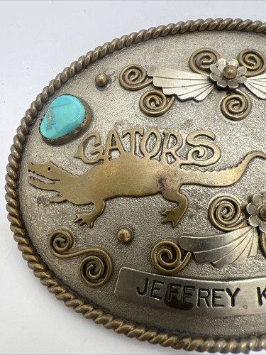 1986 Rodeo Belt Buckle Team Jeffery Keene Gators With Turquoise Stones - Picture 4 of 9
