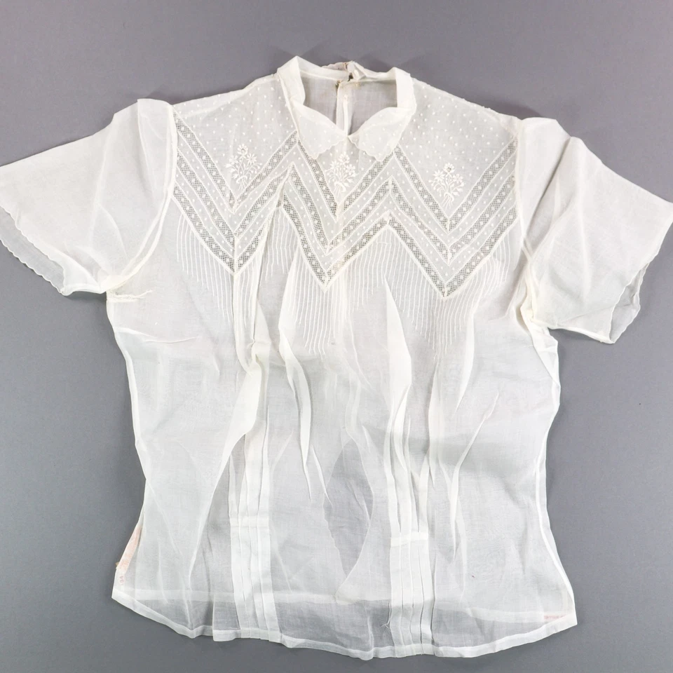 Vtg White Organdy Blouse Top Embroidered Sheer Lace Bodice 1940s France Size 34 - Image 3 of 4
