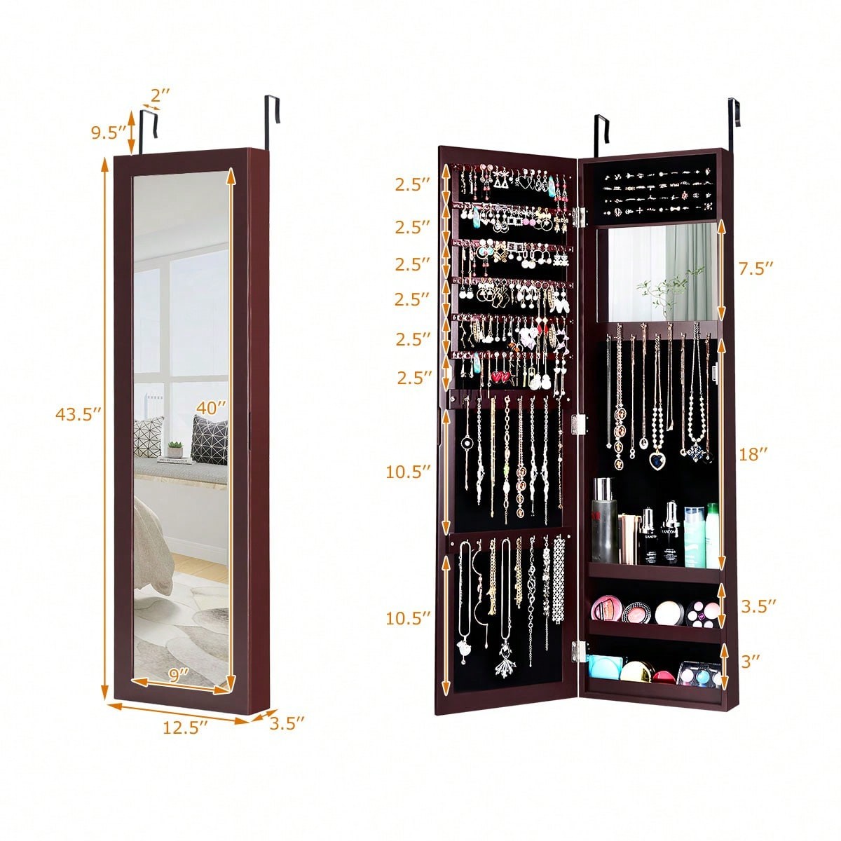 RFG Wall Door Mount Mirrored Jewelry Cabinet Organizer for Dorm or Home