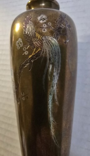 Antique Meiji Zogan Gold Silver Copper Inlay Bronze Vase Rooster Signed Nogawa - Picture 5 of 22