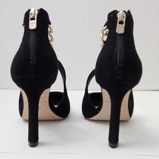 Antonio Melani Tiaa Black Suede Heels Gold Ankle Chain Pointed Toe Zipper Pumps