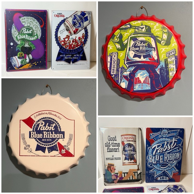 Pabst Blue Ribbon Tin Sign Lot Of 6 Signs Bottle Caps Bar Beer Decor Dad Gift 🎁