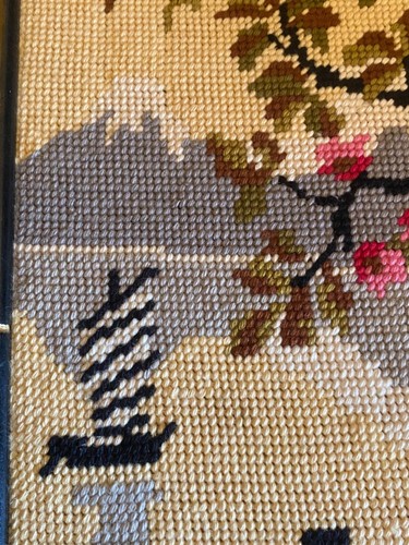 VTG/EARLY Japanese Fuji 5 Lakes Sakura Geisha Girl Boat Framed Cross Stitch Art - Picture 8 of 14
