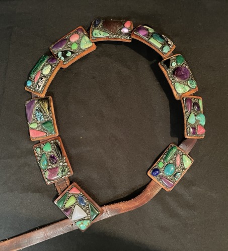 Silver & Pewter Leather Belt With Semi Precious And Precious Stones