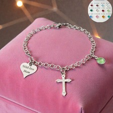 Personalised Bracelet, Any Engraving with Birthstone & Cross Charms, Non Tarnish