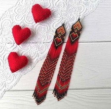 Tribal Earrings Native Large Boho American Seed Beads Handmade Multicolor