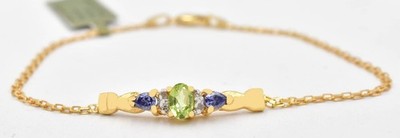 ECHTES 0,74 kt PERIDOT, TANSANIT & ECHTER DIAMANT ARMBAND MASSIV 10k GOLD