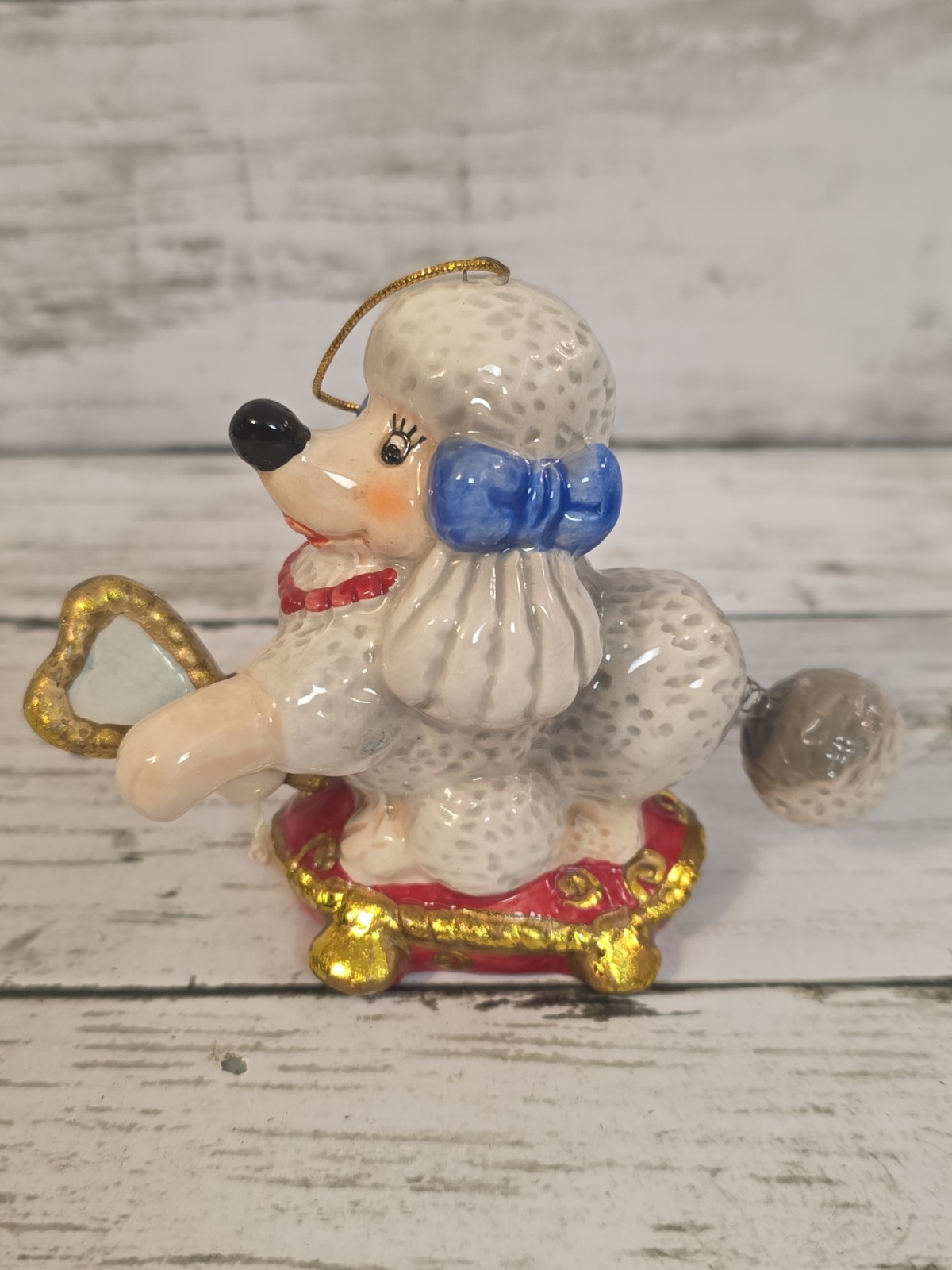 Vintage White Porcelain Poodle Adorned with Movable Tail & Mirrored Paw Ornament