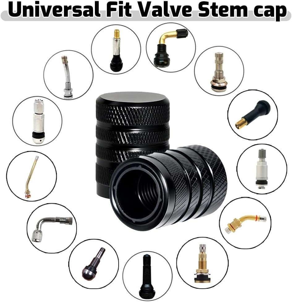 4 Black Tire Valve Stem Caps Set, Universal Fit, Corrosion-Resistant, 4-Piece 3