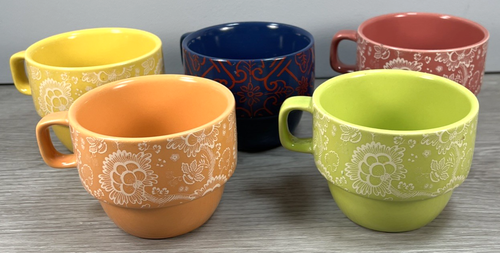 World Market 5 Stacking Coffee Mugs Retro Abstract Floral Pattern - Picture 2 of 11
