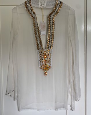Valerie by Casting, Bali Ladies Embellished Ivory Silk Tunic M $260.00
