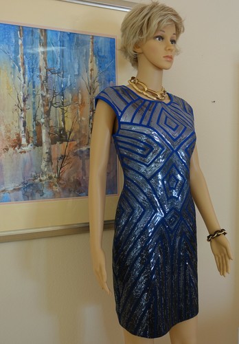 NWOT BCBGMAXAZRIA Royal Blue/Silver Sequin Sleeveles Bodycon Cocktail Dress Sz M - Picture 4 of 10