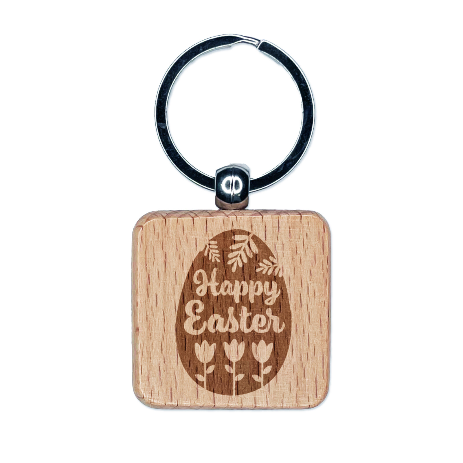 Easter Egg Floral Engraved Wooden Square Keychain Charm  