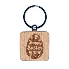 Happy Easter Egg Flowers Engraved Wood Square Keychain Tag Charm