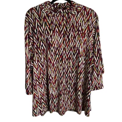 Susan Graver 2X Blouse Ruched Mock Neck Long Sleeve Geometric Shirt Lightweight 