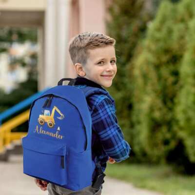 Personalised Blue Nursery Backpack With Construction Digger Design, Pre  School UK