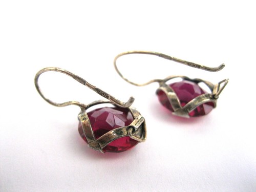 EARRINGS SILVER 875 Ruby corundum stones Soviet Union USSR Vintage Original - Picture 15 of 23