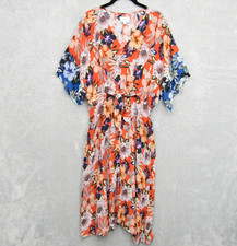 Johnny Was Jade Deepika Tie Front Midi Floral Silky Orange Womens Dress Sz L