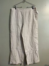 Talbots Womens 100 Linen Beige Wide Leg Buttons High Rise Pants Sz 14 New