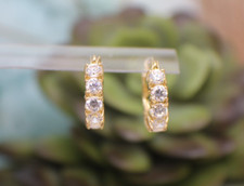 Solid 14K Yellow Gold 3.5mm Hoop Earrings Cubic Zirconia CZ Hoops Folding Post