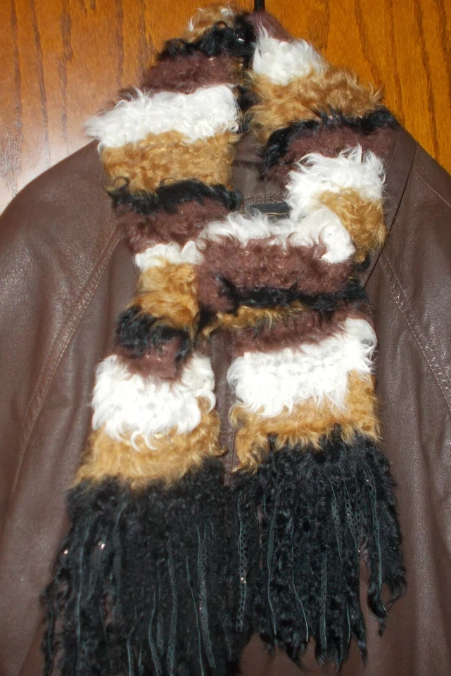 Scaasi Multi-Color Kalgan Lamb Fur Designer Scarf Black, Ivory, Gold, Brown NWT - Image 3 of 4