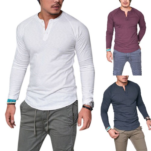 Mens Slim Fit Solid Long Sleeve Casual 
