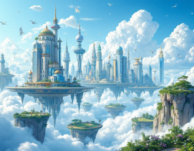 Well-Appointed Floating Cityscapes amidst a Cloudy Sky Print 18 x 24 in