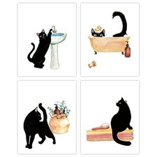 Black Cat Bathroom Decor, Funny Bathroom Wall Art Set of 4 8"X10",unframed M...
