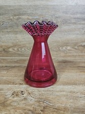Fenton Hand Blown 7" Ruffled Cranberry White Stripes Glass Vase