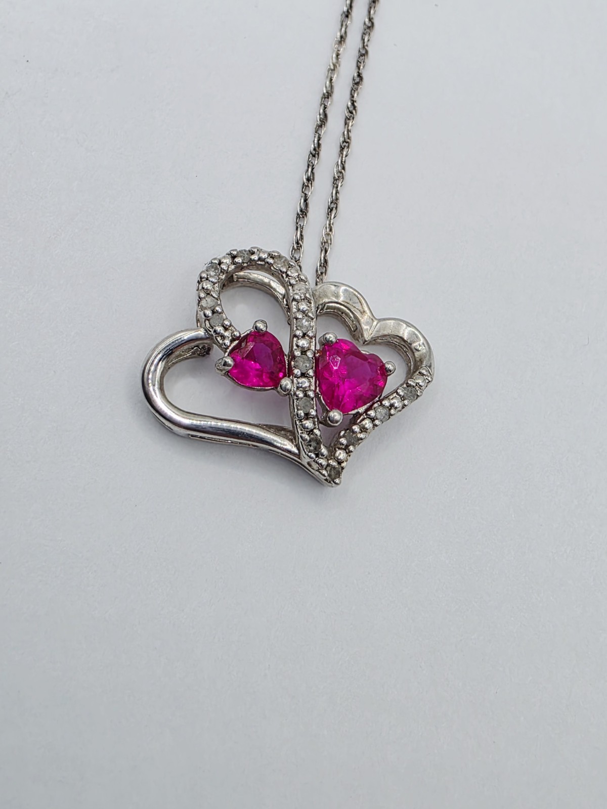 Sterling Silver Diamond & Ruby Double Heart Neckl… - image 3