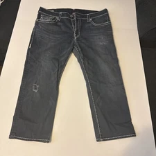 True Religion Ricky Jeans Relaxed Straight Mens 40x26 Blue Denim White Stitch