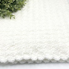 Handmade White Crochet Baby Blanket 31x32 Soft Acrylic Yarn Scalloped Edge EUC