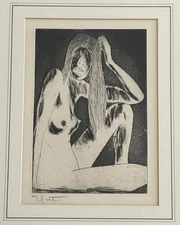 1960’s Modern Figurative Portrait Etching of Lounging Girl, Signed (indistinct)