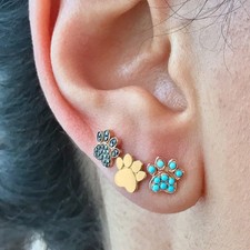 14K Gold Paw Print Earrings with Opal, Turquo...