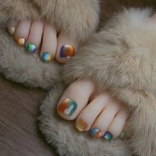 24pcs Fresh Cat Eye Press On Nails Starry Sky Foot Nail Art Reusable False Tips