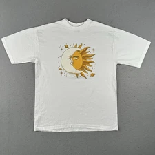 Vtg 90s Sun Moon T Shirt XL White Short Sleeve Planet Faces Spiritual 