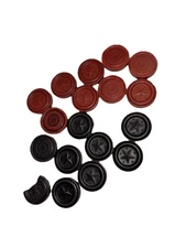 Partial Set of 17 Antique Bakelite? Star & Bullseye Checkers/ Carrom Pieces Gtg