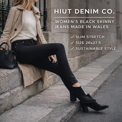 Hiut Denim Co Womens Black Skinny Jeans Made in Wales Slim Stretch 26x27.5