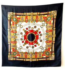 1970's silk scarf large square in black, red and green, unmarked Very good cond
