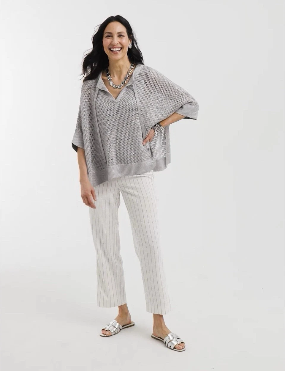 NWT $99 Chico's Grey Silver Sequin Embellished Open Knit Poncho Sweater Size S/M